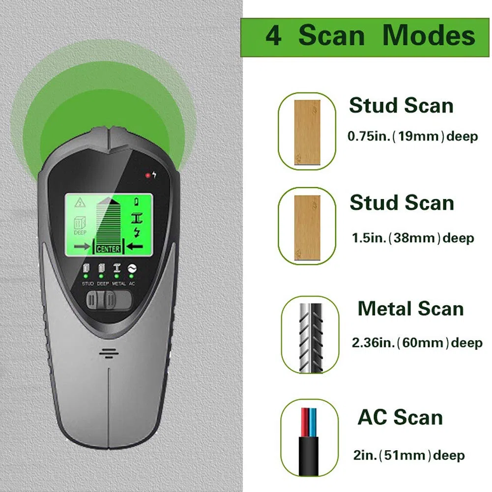 Escáner buscador de pernos, detector de pernos, buscadores centrales de sensores de pernos 4 en 1 para pernos de metal profundo y detección de cables de CA con pantalla LCD HD y alarma de audio