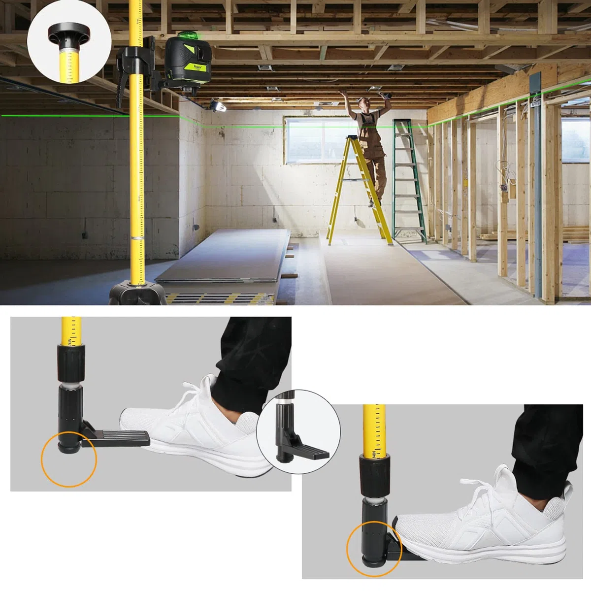 Poste de Nivel láser Profesional, Poste láser telescópico Ajustable con trípode y Soporte láser de 1/4 Pulgadas por 20 Pulgadas para láseres rotativos y de línea, para láser r
