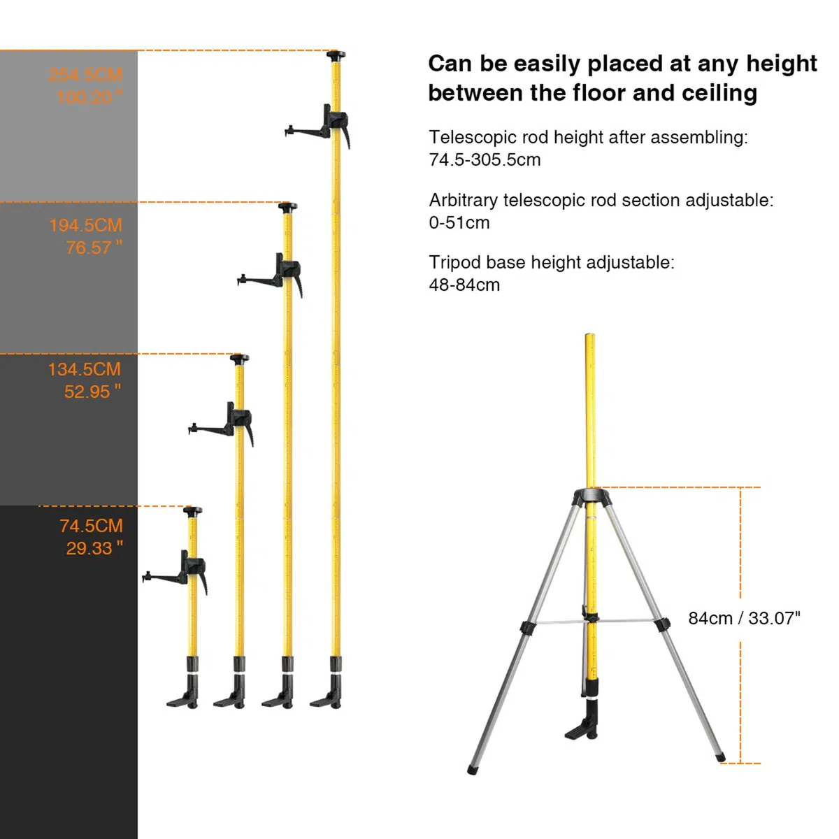 Poste de Nivel láser Profesional, Poste láser telescópico Ajustable con trípode y Soporte láser de 1/4 Pulgadas por 20 Pulgadas para láseres rotativos y de línea, para láser r