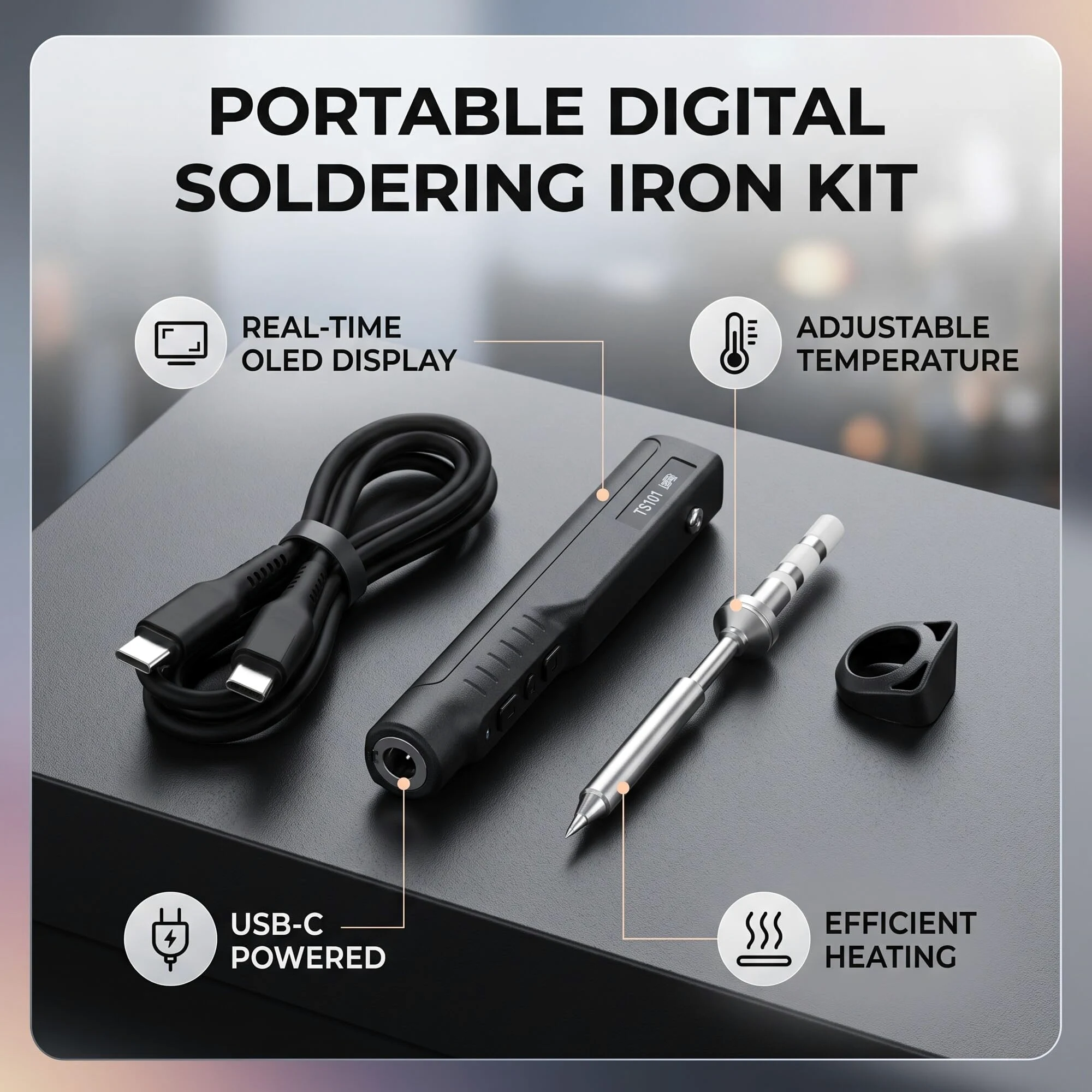 Soldador eléctrico TS100 DC, Kit de soldadura de soldador eléctrico digital portátil 12V-24V 65W 6.5 pulgadas para reparación de desorden
