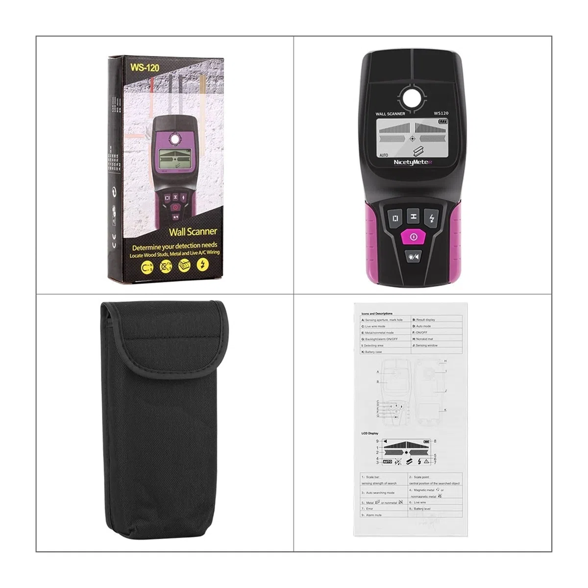 Escáner de Pared Digital de Mano Profesional Multifuncional Detector de Pared Cable Vivo y Cable PVC tubería de Agua Detector de Metales escáner