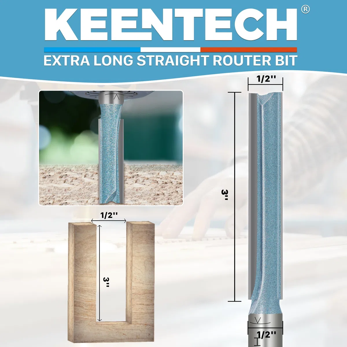 KEENTECH Broca de carburo recto extra larga con punta de doble flauta, diámetro de 1/2", profundidad de 3", vástago de 1/2" (KT01034888)