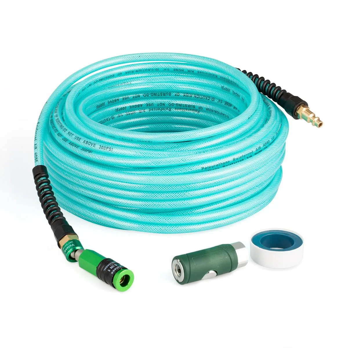 Yolass Manguera de compresor de aire de 1/4 pulgadas x 100 pies, manguera de aire de poliuretano reforzado flexible transparente con acoplador giratorio 360 de 1/4 pulgadas y accesorio de enchufe
