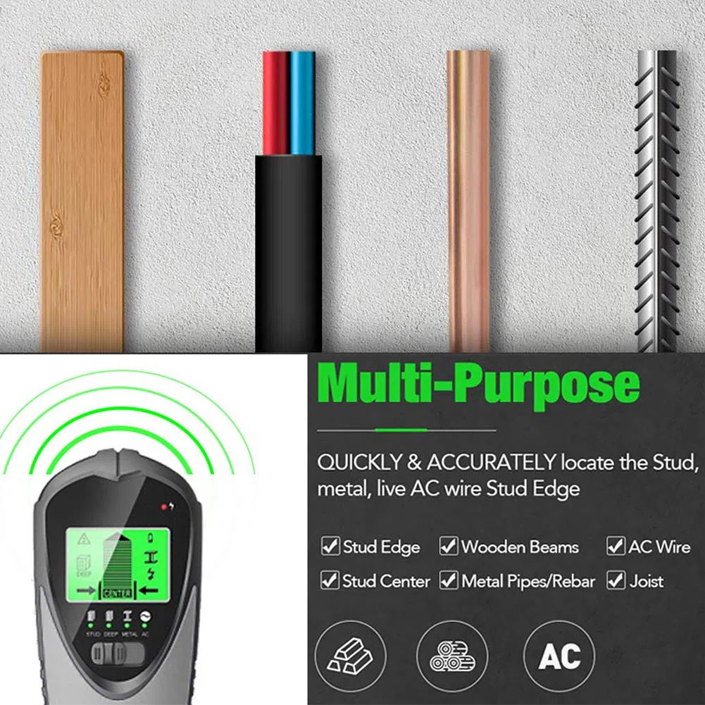 Escáner buscador de pernos, detector de pernos, buscadores centrales de sensores de pernos 4 en 1 para pernos de metal profundo y detección de cables de CA con pantalla LCD HD y alarma de audio